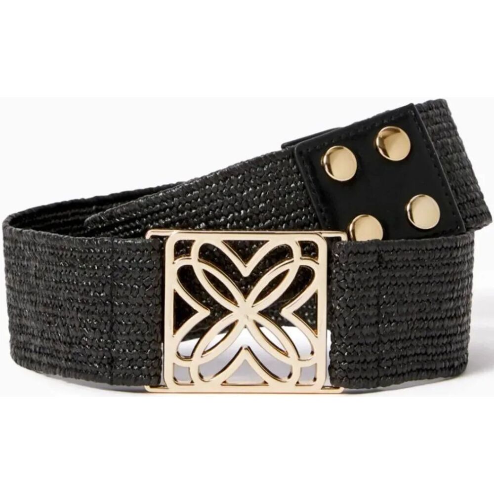 NWT Lilly Pulitzer Arta Stretch Raffia Belt Black Gold Logo Buckle S/M